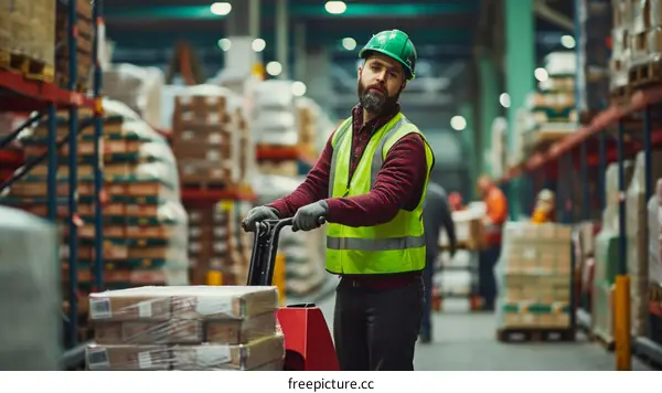 A warehouse worker operates a forklift in a warehouse.