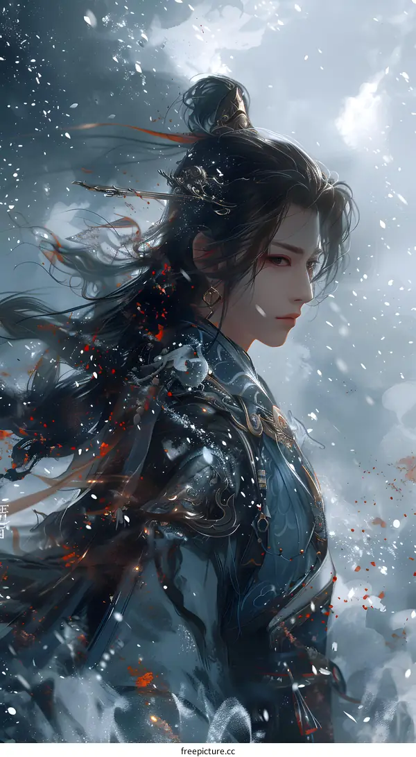 An oriental male with long black hair wearing a blue robe stands in the snow