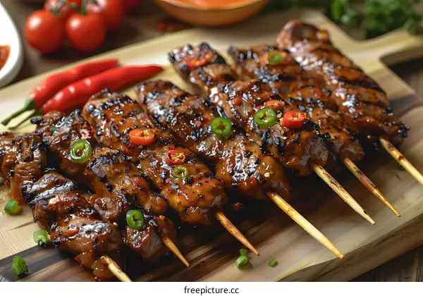 Beef satay with peanut sauce and vegetables
