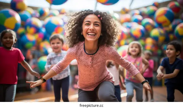 A group of children are playing with a woman in a colorful room