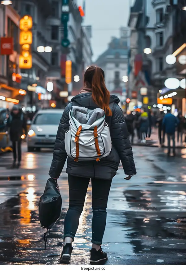 Woman Walking Through City Street on Rainy Day