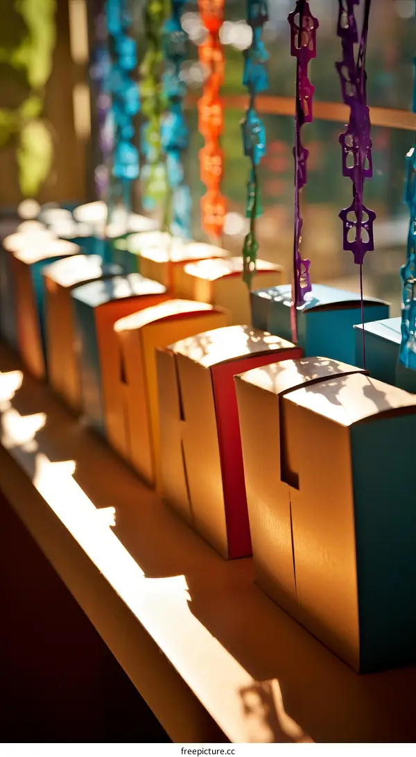 Colorful cardboard boxes with hanging paper chains in the background