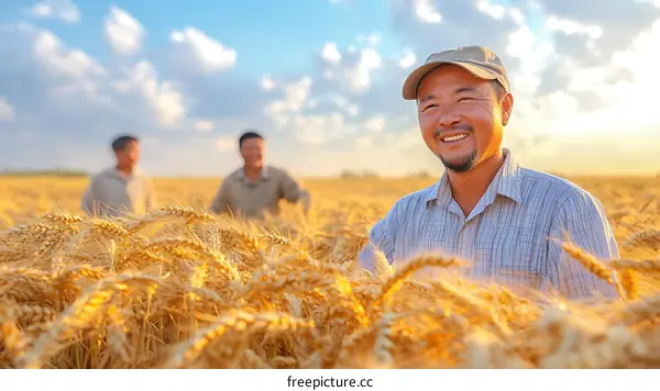 Happy Farmers in Golden Wheat Field