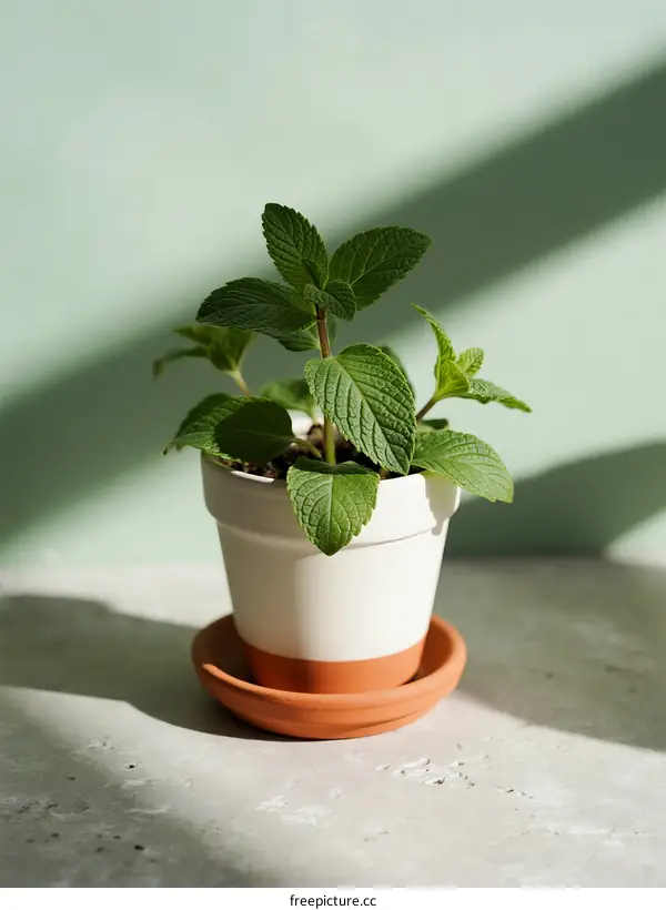 Fresh Green Mint Plant in White and Brown Pot