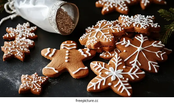 Decorated Christmas Gingerbread Cookies on Dark Background