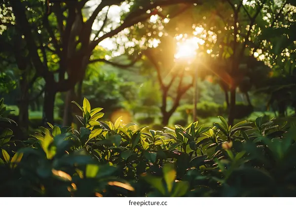 Sunlight Shining Through Green Leaves in Forest