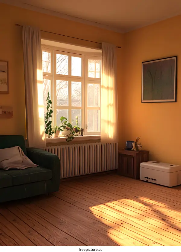 Sunlight Streaming Through Window In Living Room With Green Sofa