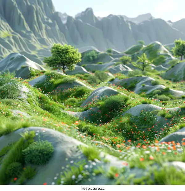 Colorful Valley Landscape with Red Flowers and High Green Hills