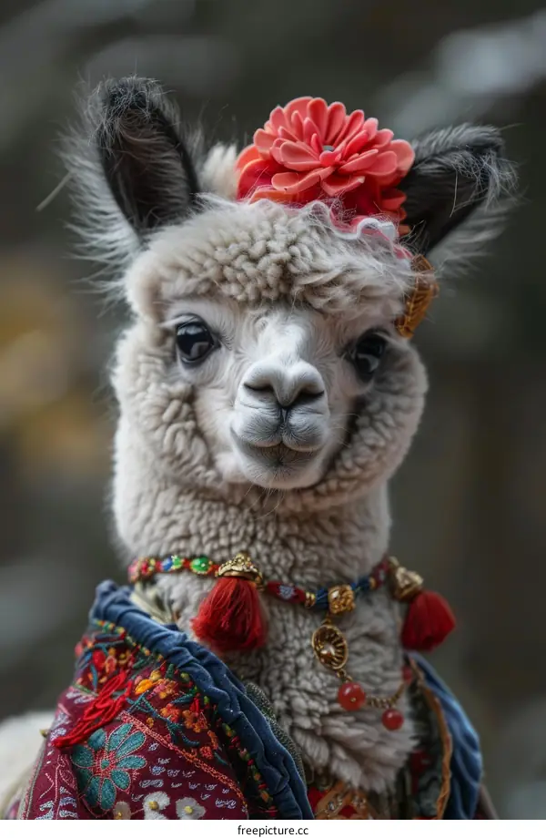 A cute llama wearing a flower headdress and a colorful blanket