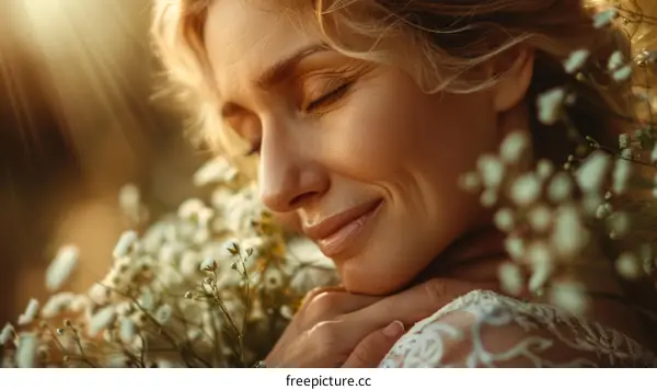 Woman with Flowers Close-up Portrait