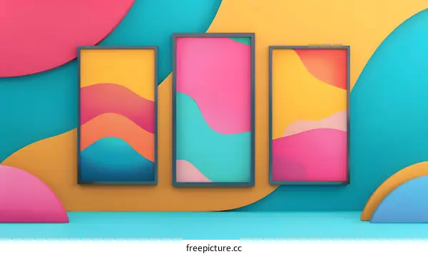 Abstract Colorful Frames With 3D Shapes And Curved Lines