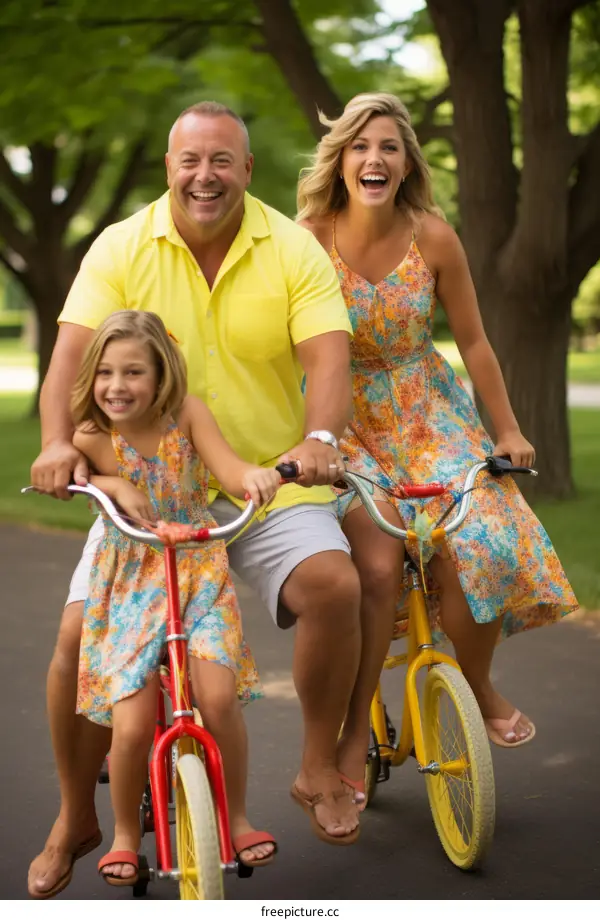Family of three riding bicycles on a park path