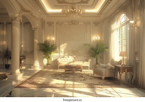 European style living room interior with sofa and plants