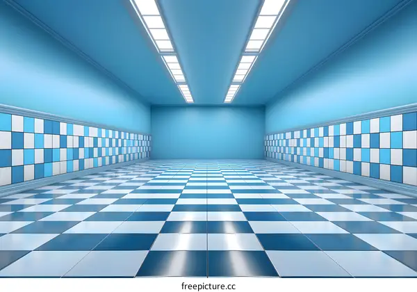 Blue Tile Floor and Walls Interior Empty Room Design