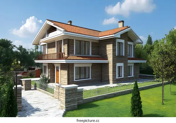 Modern Two Story House with Stone Facade