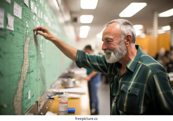 A man looking at a map with pins in it