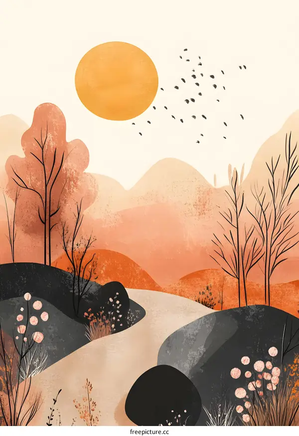 Abstract Landscape with Sun and Birds