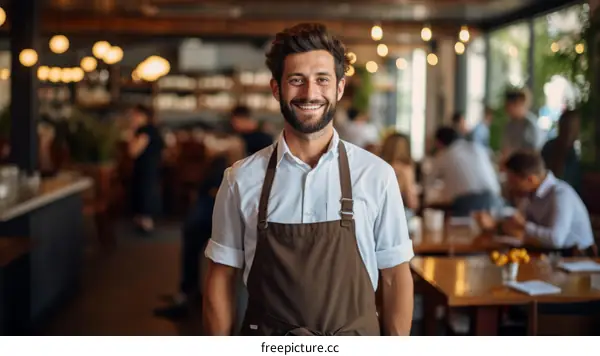 Portrait of a Smiling Male Server in a Busy Restaurant