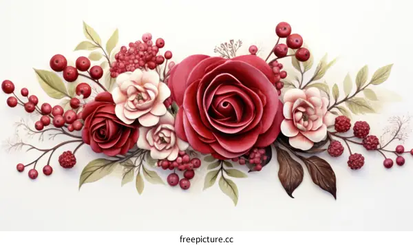 Red and Pink Roses with Green Leaves and Red Berries Bouquet