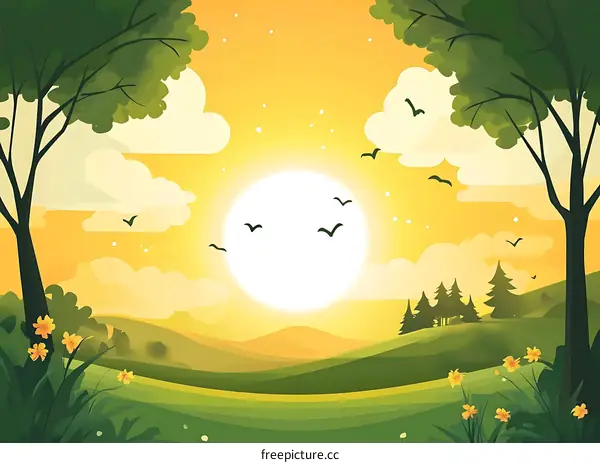 Beautiful Sunrise Over Green Hills with Trees and Birds