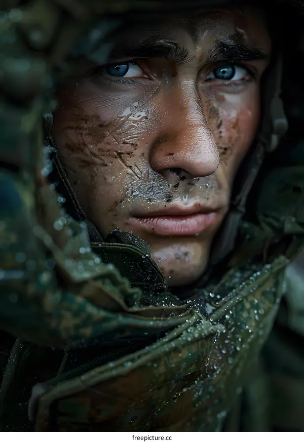 Portrait of a young soldier with blue eyes and a dirty face