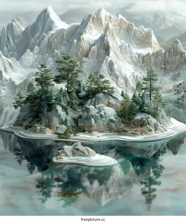 Miniature Island with Trees and Mountain Background