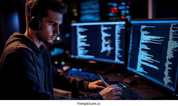 Focused Programmer Working Late Night