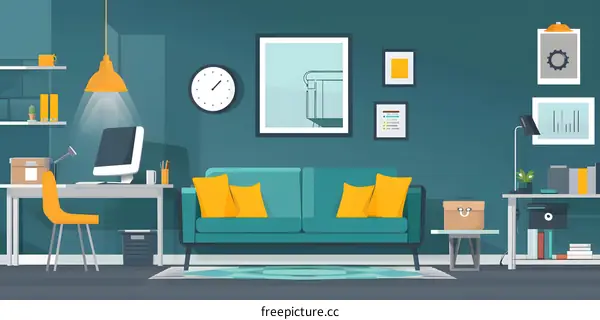 Modern Home Office Interior Design with Teal Sofa and Yellow Pillows