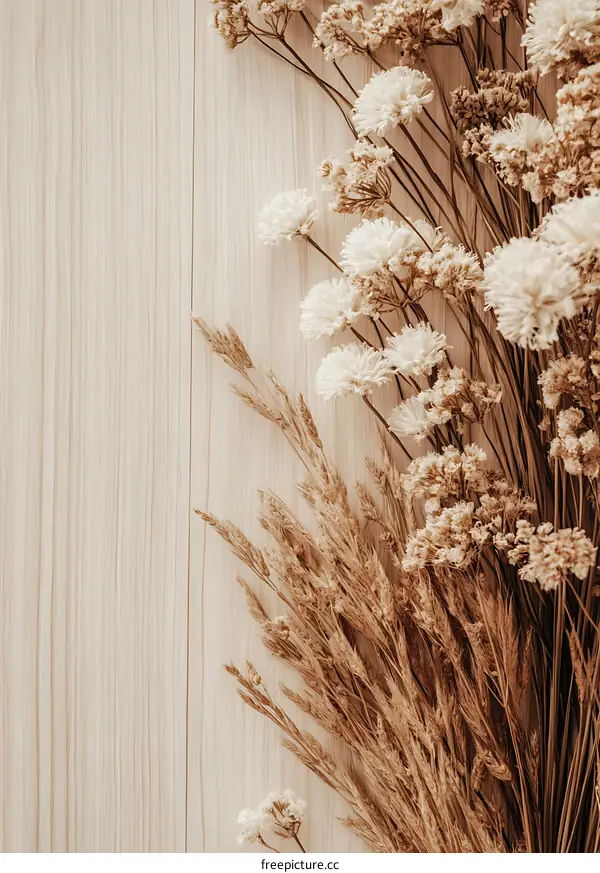 Dried Flowers and Grass on Wooden Background