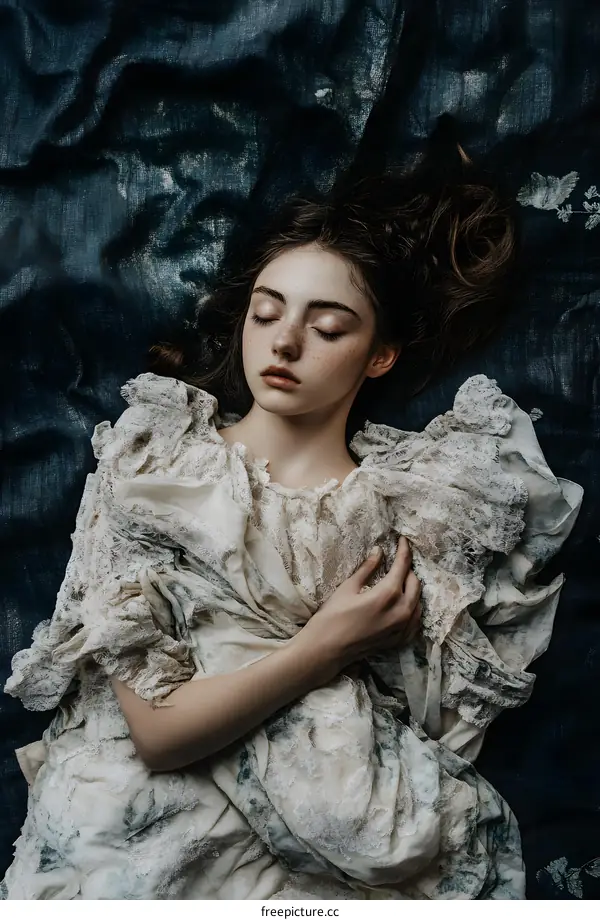 Sleeping Woman in White Lace Dress on Blue Fabric