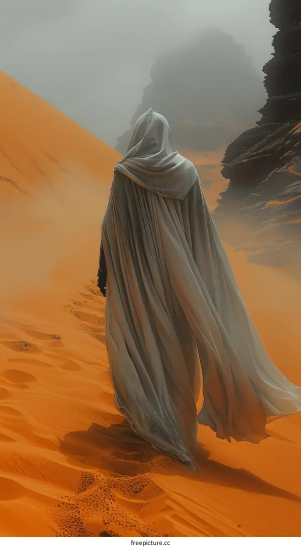 A lone figure in a white cloak walks through a desert toward a rock formation