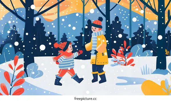 Two Children Playing in the Snowy Forest