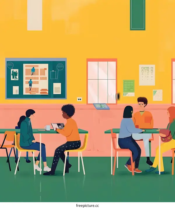 Diverse Group of Students Studying and Socializing in a Classroom