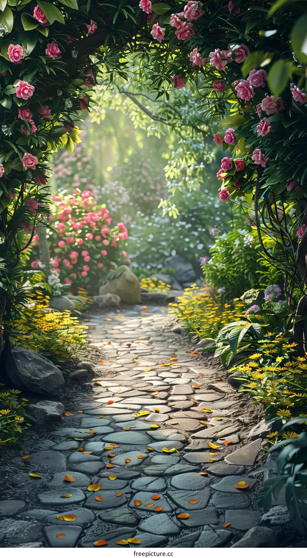 Lush Garden Path with Stone Path and Colorful Flowers