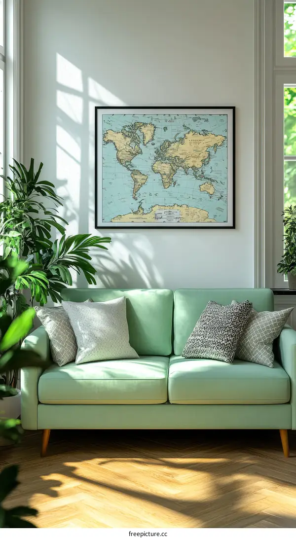 World Map Artwork in a Modern Living Room Setting