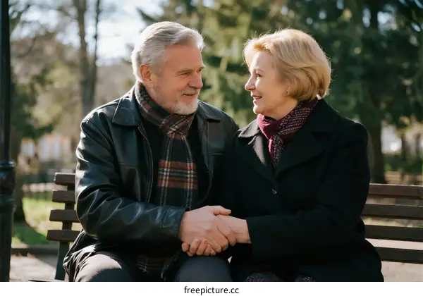 Elderly couple holding hands and smiling in a park