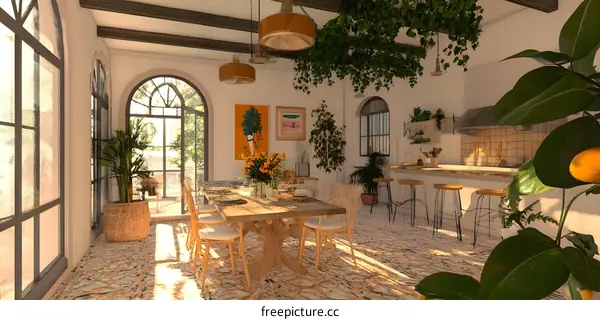 Rustic Dining Room with Wooden Table and Plants