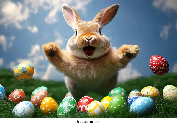 Easter Bunny Throwing Colorful Eggs