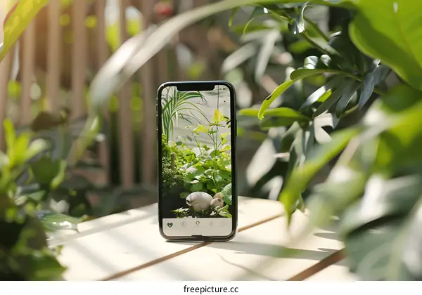 Phone Display Showing Green Plants and Sunlight