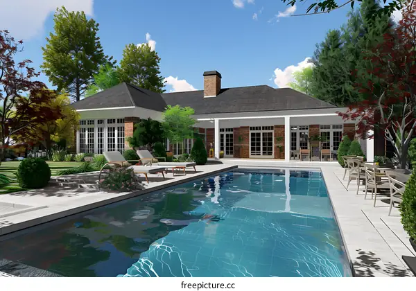 Luxury Backyard Pool and Patio with Brick House