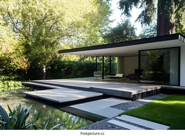 Modern Minimalist House Design with Patio and Pond