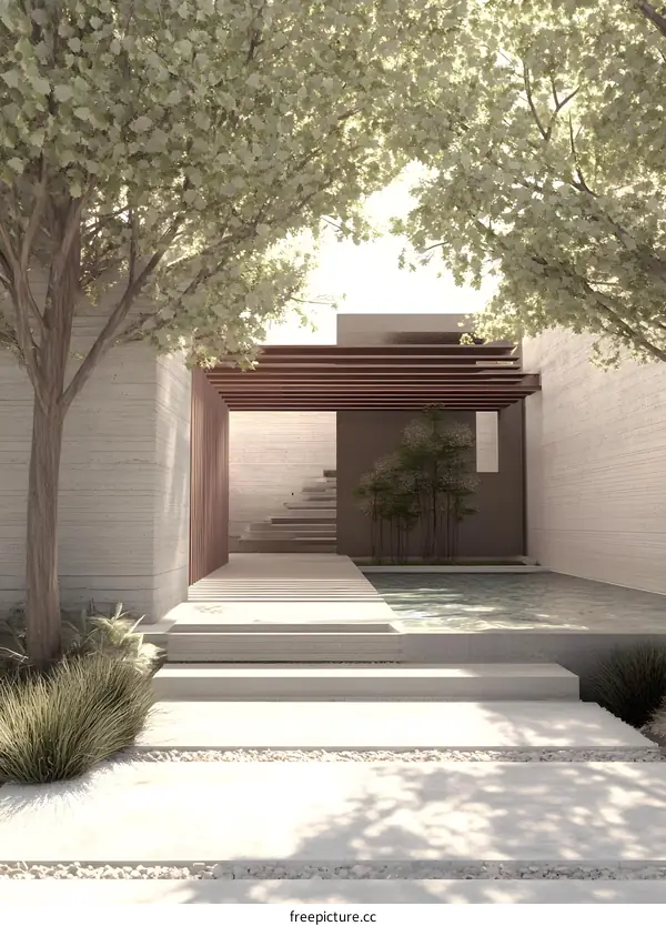 Minimalist Modern House Entrance with Stone and Wooden Details