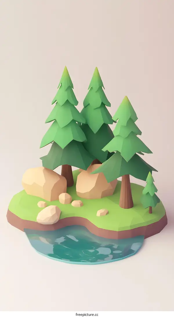 Low Poly Forest Scene with Trees, Rocks, and Water