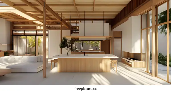 Modern Minimalist Kitchen Interior Design with Wooden Beams and Natural Light