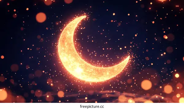 Glowing Crescent Moon in Night Sky