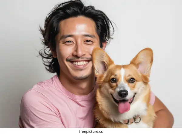 Asian man with long hair smiling next to a happy corgi dog