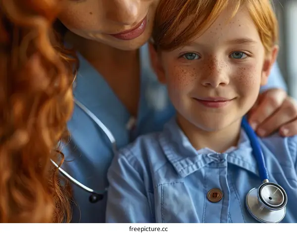 Little redheaded boy and female doctor smiling at each other
