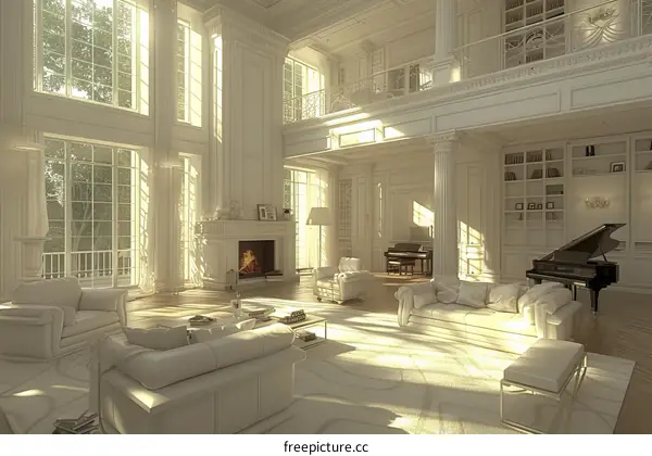 Bright and Airy Living Room With Fireplace and Piano