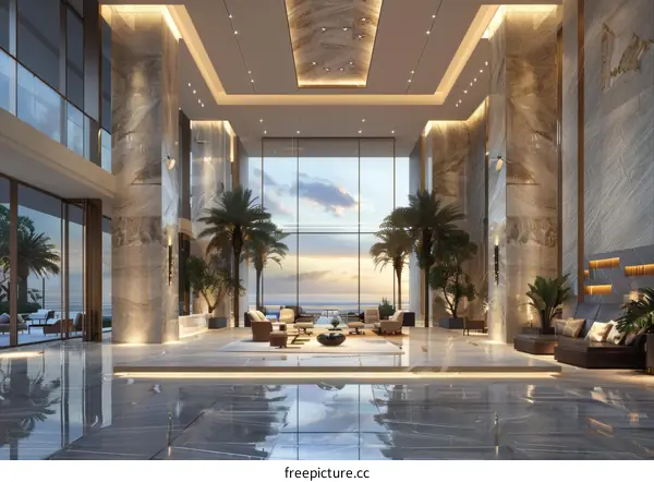 Luxury Modern Hotel Lobby with Panoramic Ocean Views