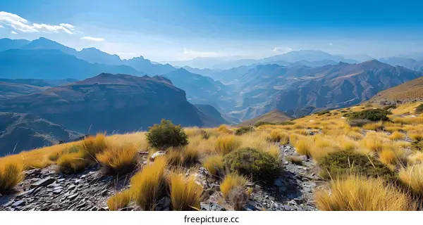 A vast mountain landscape with a valley in the middle